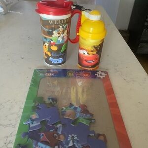 Vintage Walt Disney Kids boys toddler 2 cups and puzzle set